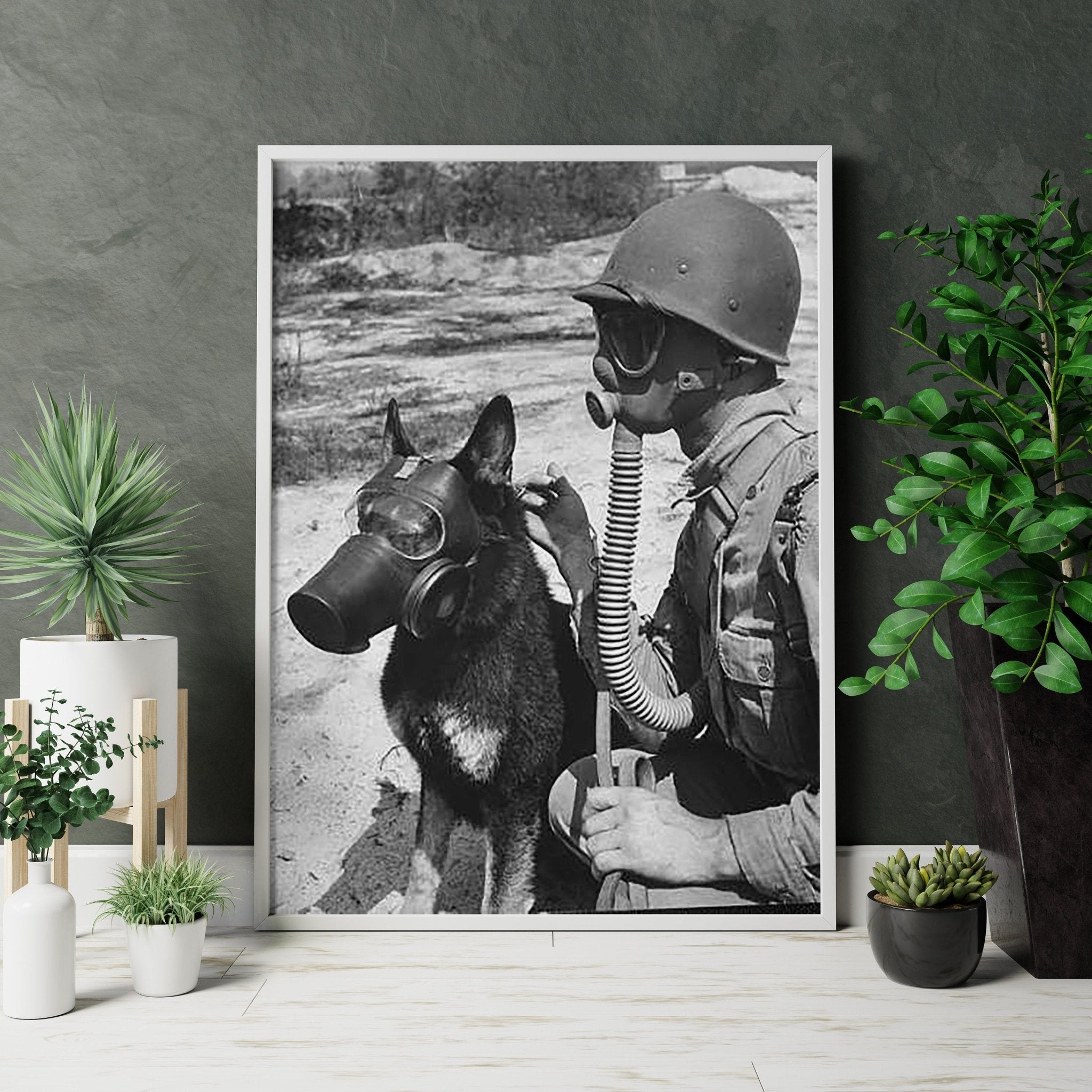 Gas Mask Dog And Soldier Canvas Poster - Canvasworkshop