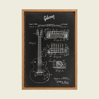 Gibson Les Paul Blueprint canvas wall art in a floating oak frame