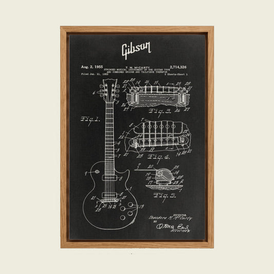 Gibson Les Paul Blueprint canvas wall art in a floating oak frame