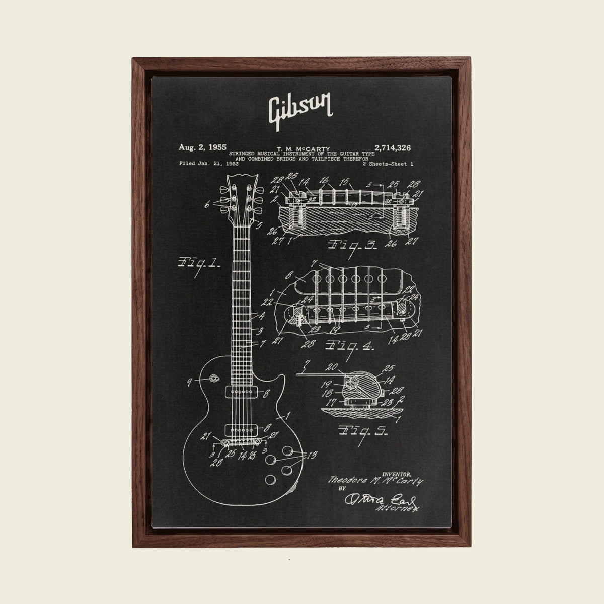 Gibson Les Paul Blueprint canvas wall art in a floating walnut frame