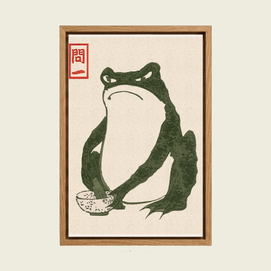 Grumpy Toad canvas wall art in a floating oak frame