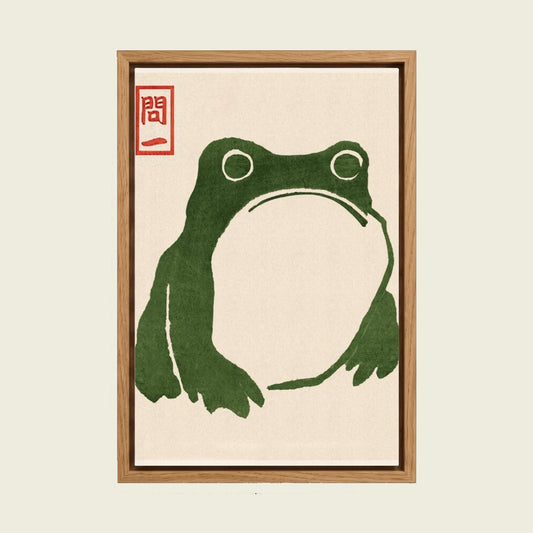 Grumpy Toad II canvas wall art in a floating oak frame