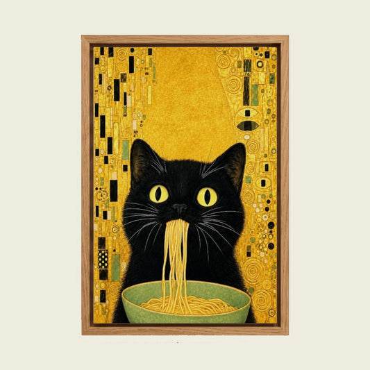 Klimt Cat Eating Noodles canvas wall art in a floating oak frame