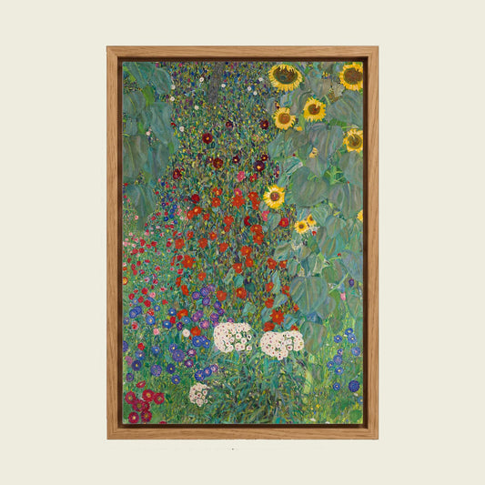 Farm Garden with Sunflowers by Gustav Klimt canvas wall art in a floating oak frame
