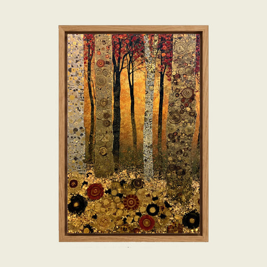 Klimt-Style Golden Forest canvas wall art in a floating oak frame