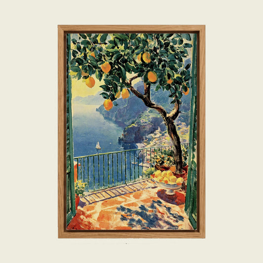 Amalfi Coast Lemon Terrace canvas wall art in a floating oak frame