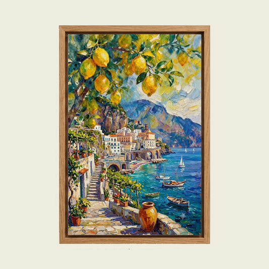 Lemon Tree in Positano canvas wall art in a floating oak frame