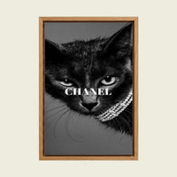 Black Cat with Diamond Necklace canvas wall art in a floating oak frame