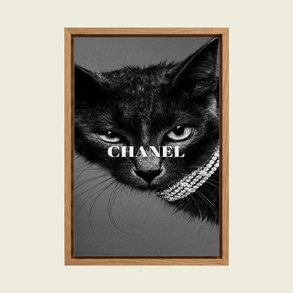 Black Cat with Diamond Necklace canvas wall art in a floating oak frame
