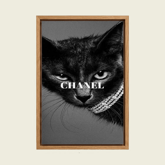 Black Cat with Diamond Necklace canvas wall art in a floating oak frame