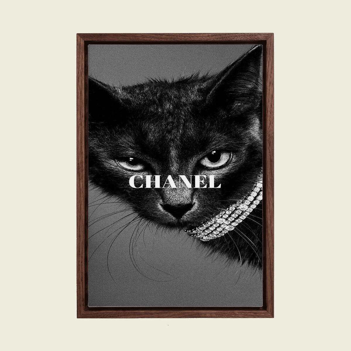 Black Cat with Diamond Necklace canvas wall art in a floating walnut frame