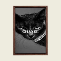 Black Cat with Diamond Necklace canvas wall art in a floating walnut frame