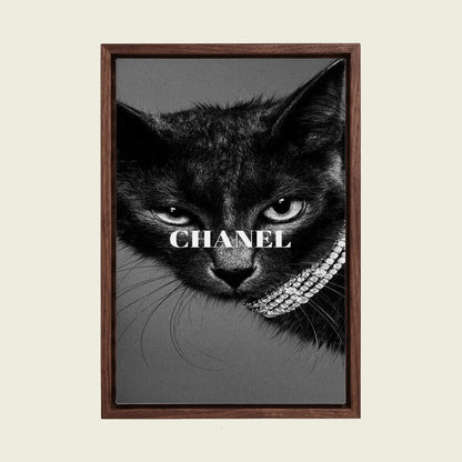 Black Cat with Diamond Necklace canvas wall art in a floating walnut frame