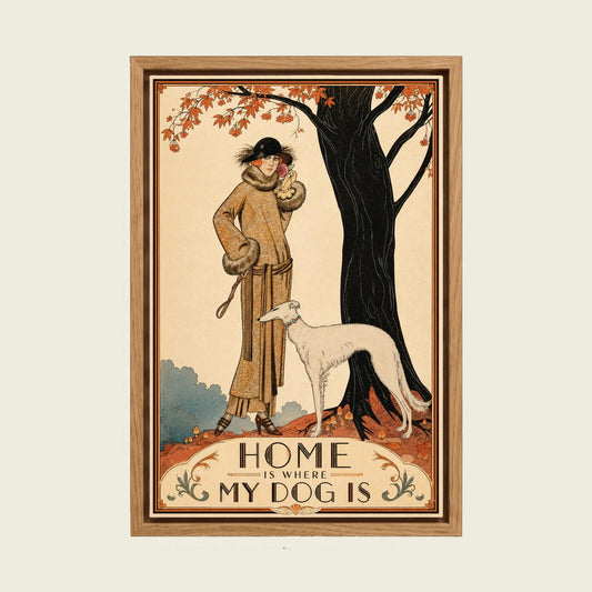 Home Is Where My Dog Is canvas wall art in a floating oak frame
