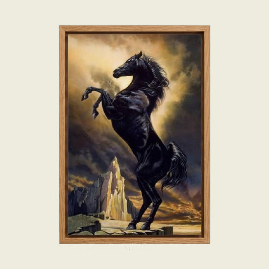 Black Stallion by John Rowe canvas wall art in a floating oak frame
