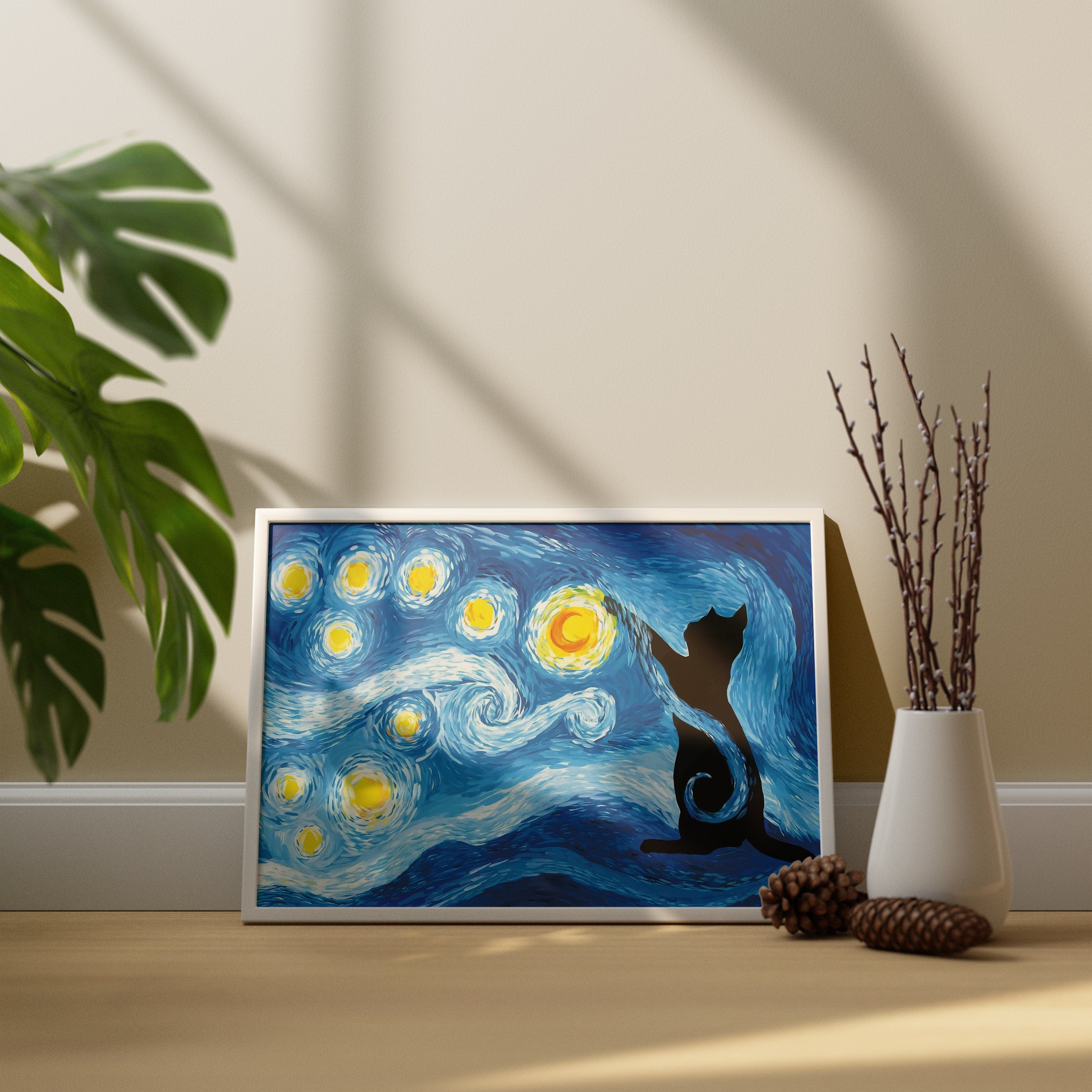 Starry Night Cat Canvas Wall Art