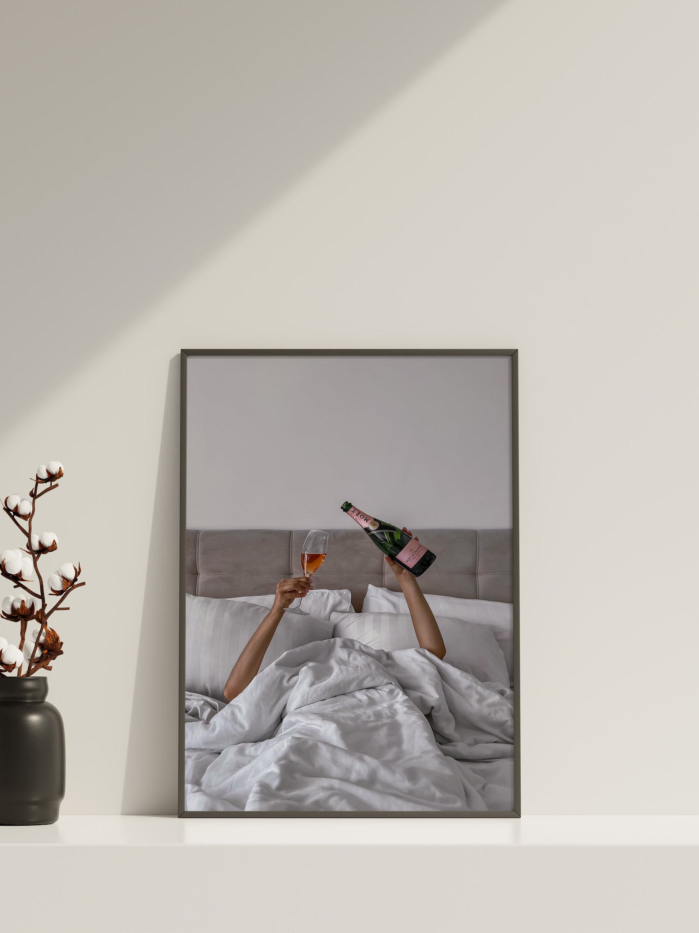 Woman Drinking Wine in Bed Canvas Poster