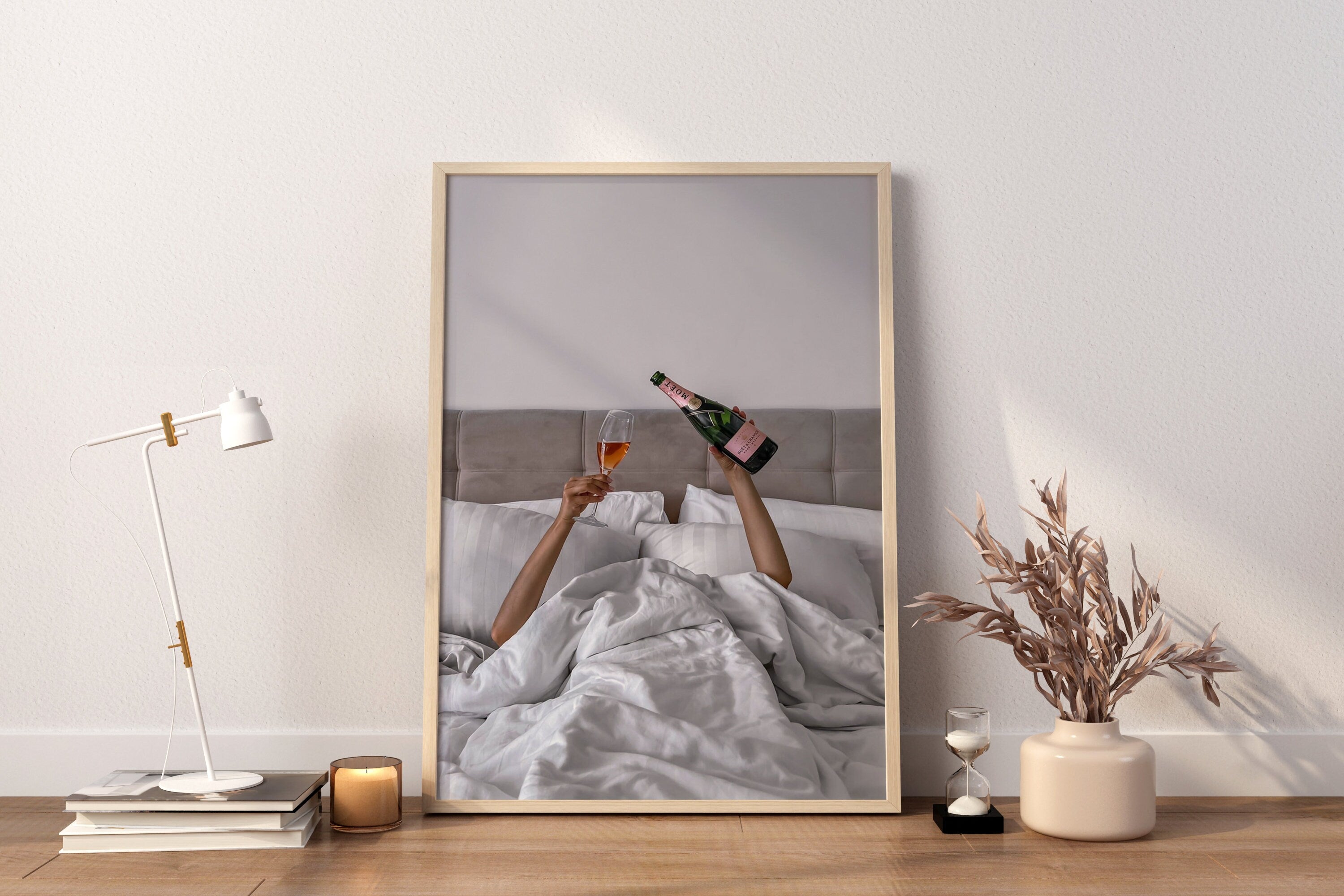 Woman Drinking Wine in Bed Canvas Poster