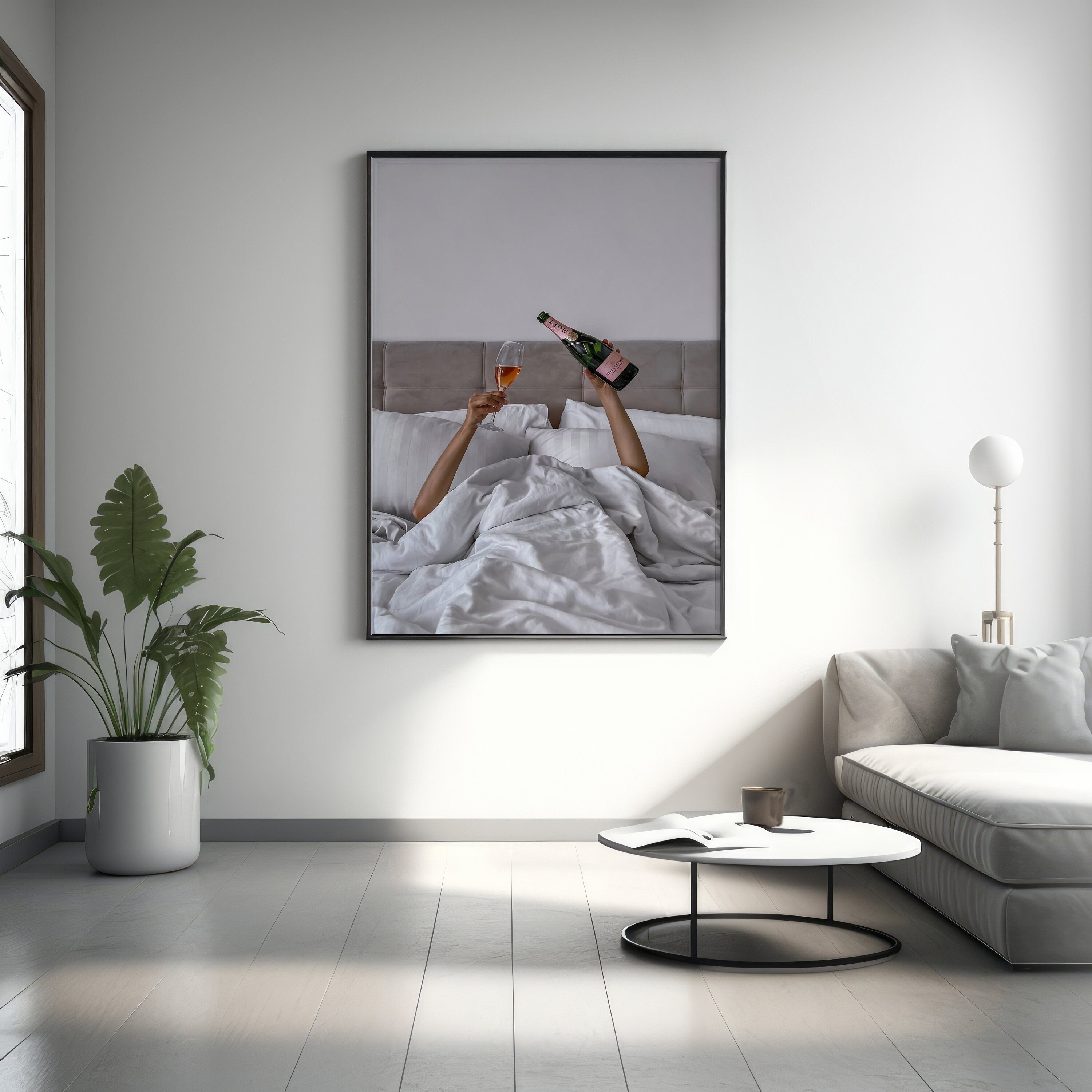 Woman Drinking Wine in Bed Canvas Poster