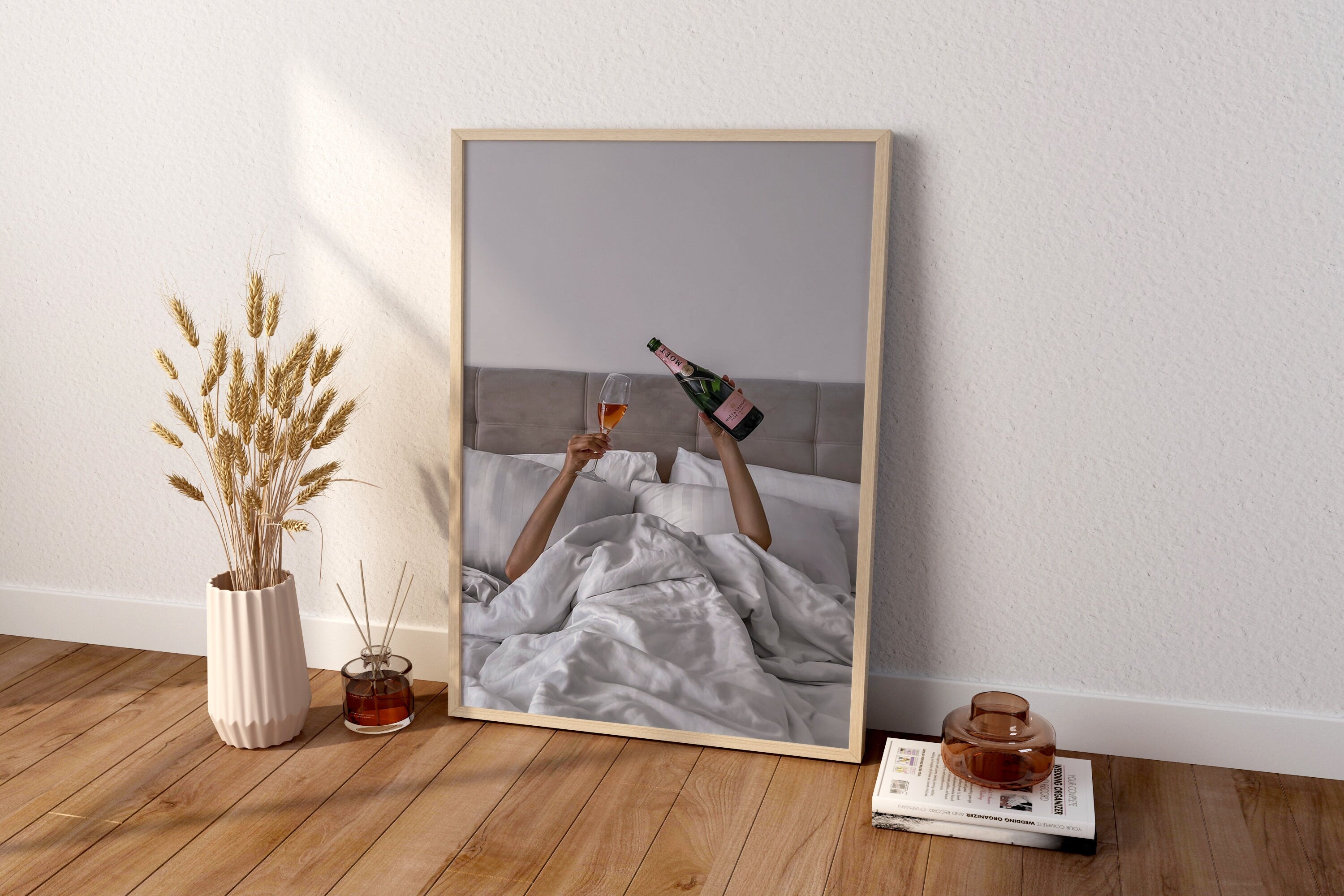 Woman Drinking Wine in Bed Canvas Poster