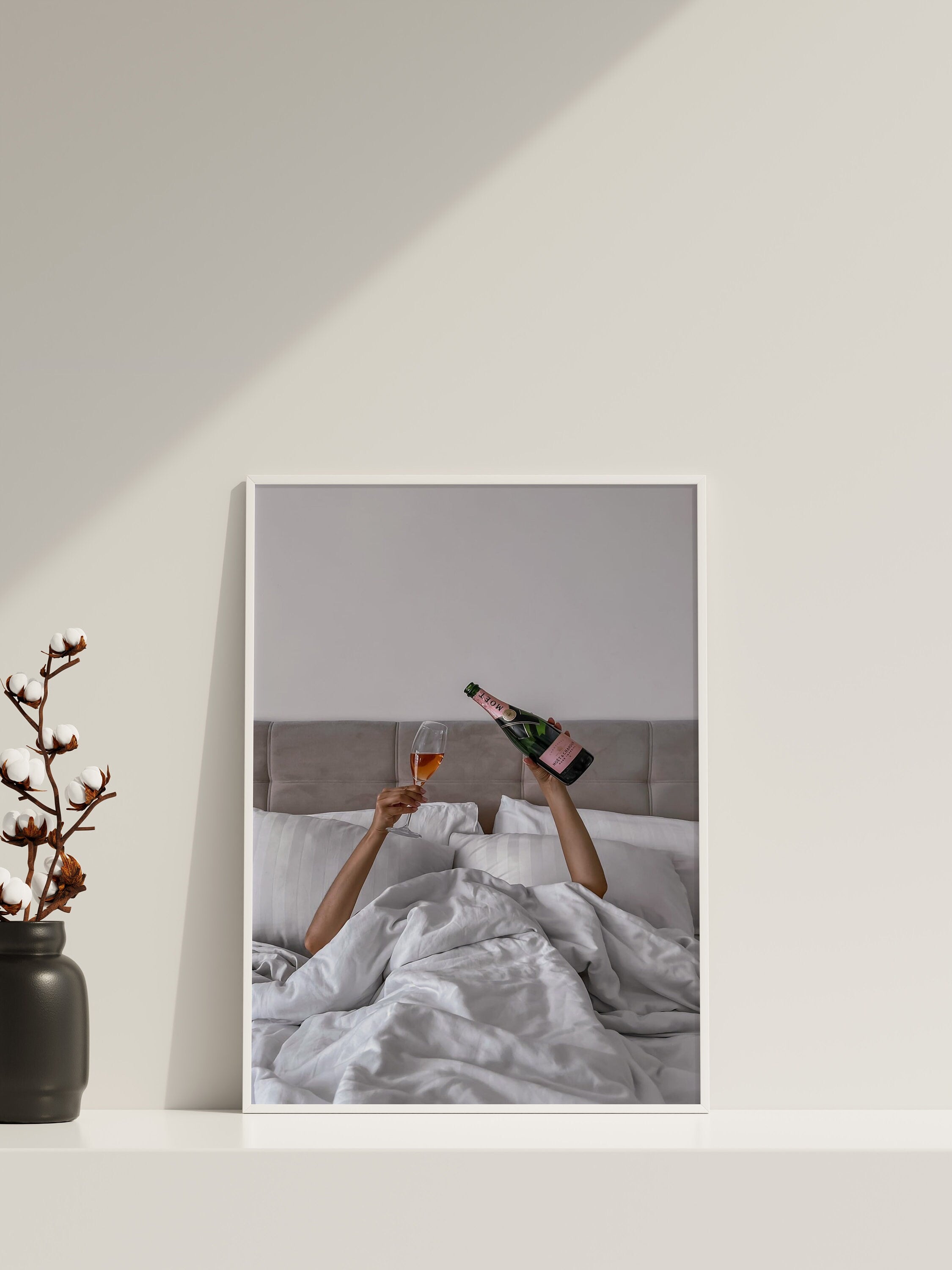 Woman Drinking Wine in Bed Canvas Poster