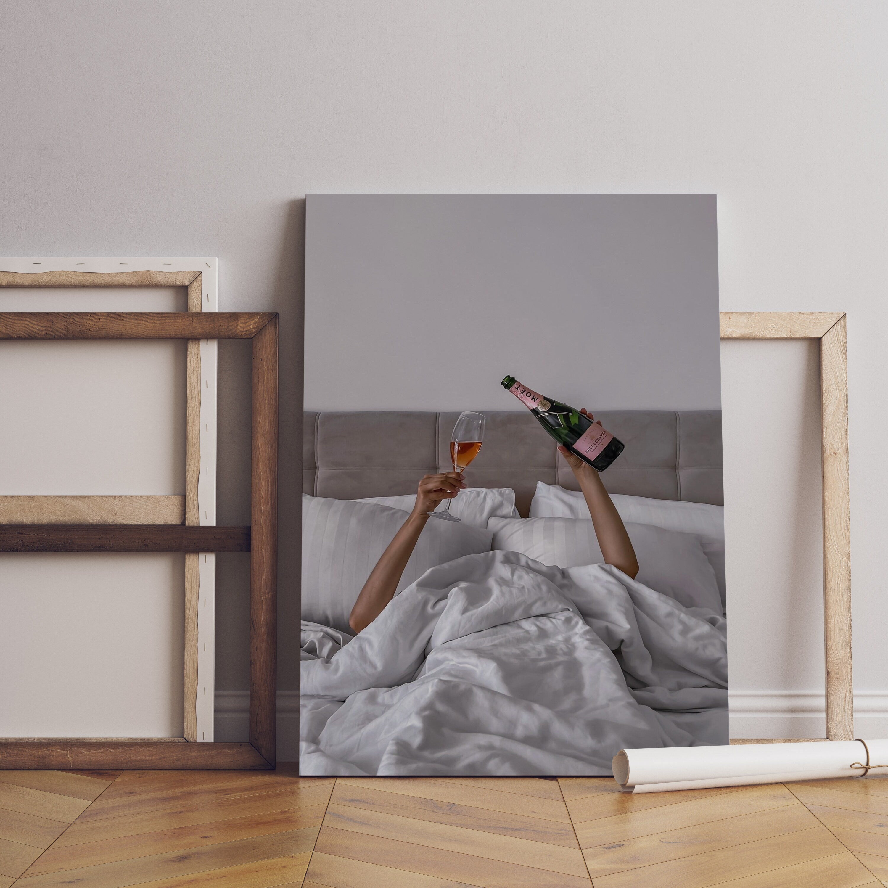 Woman Drinking Wine in Bed Canvas Poster