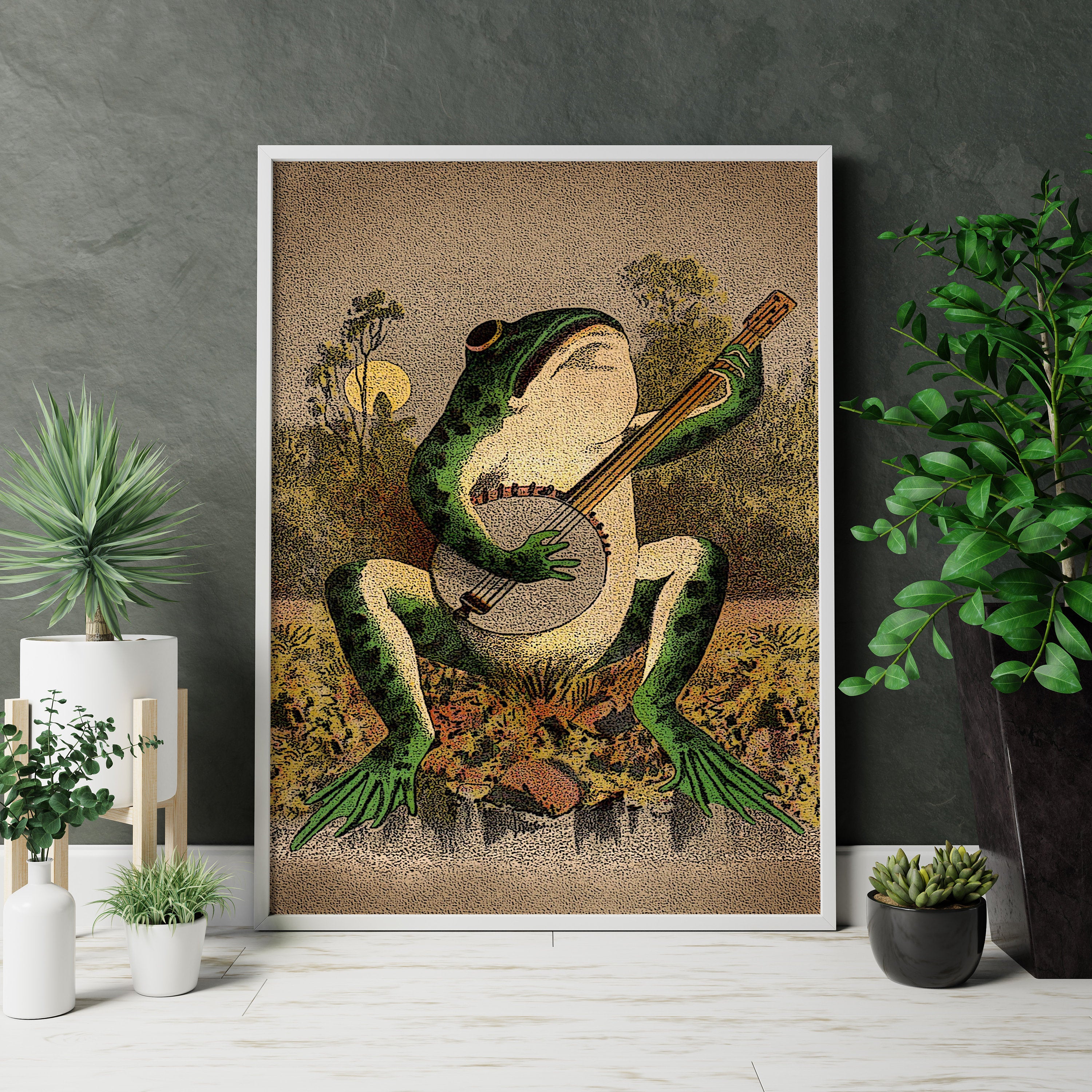 A Frog Playing Banjo in The Moonlight Vintage Poster