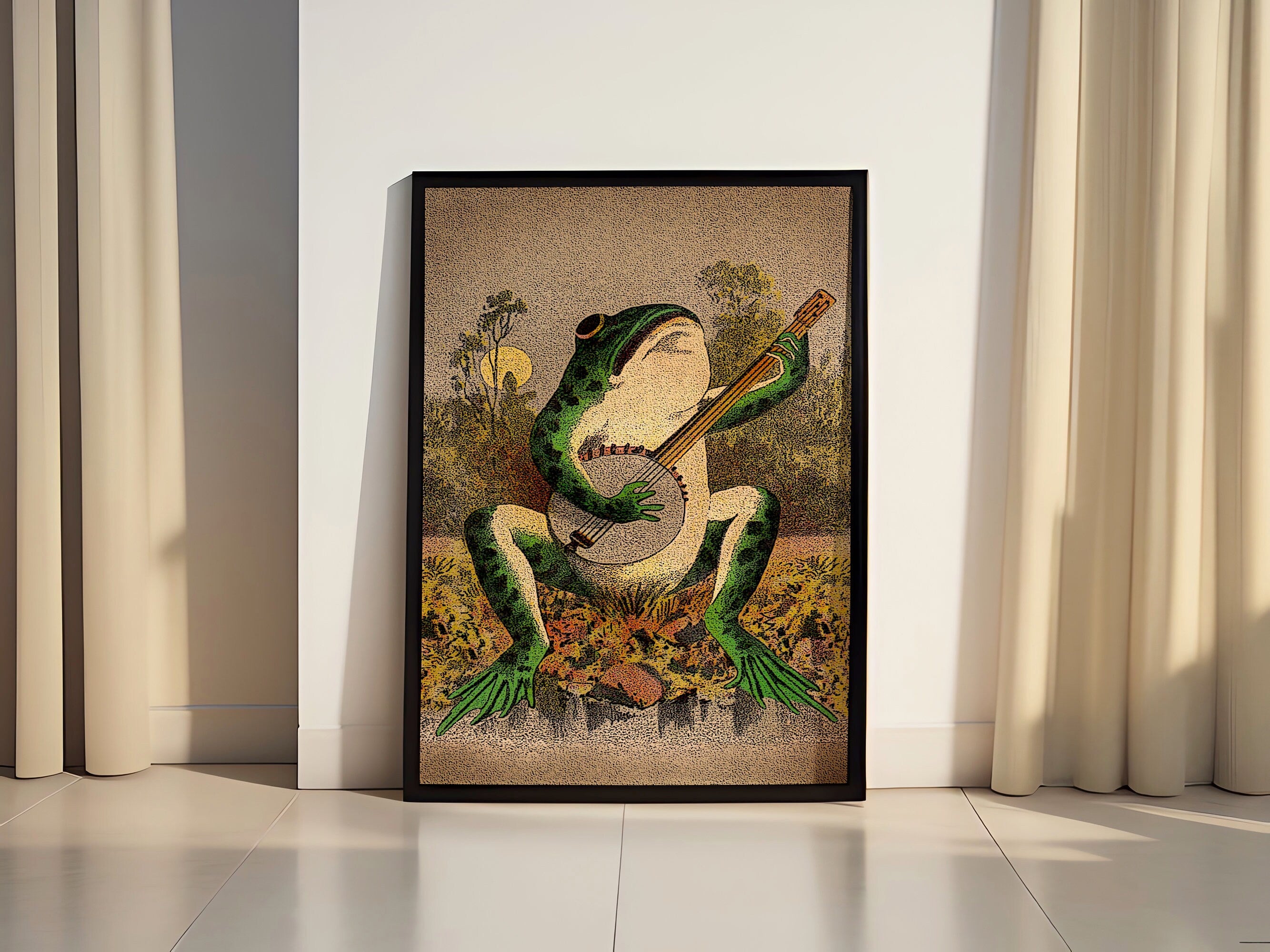 A Frog Playing Banjo in The Moonlight Vintage Poster