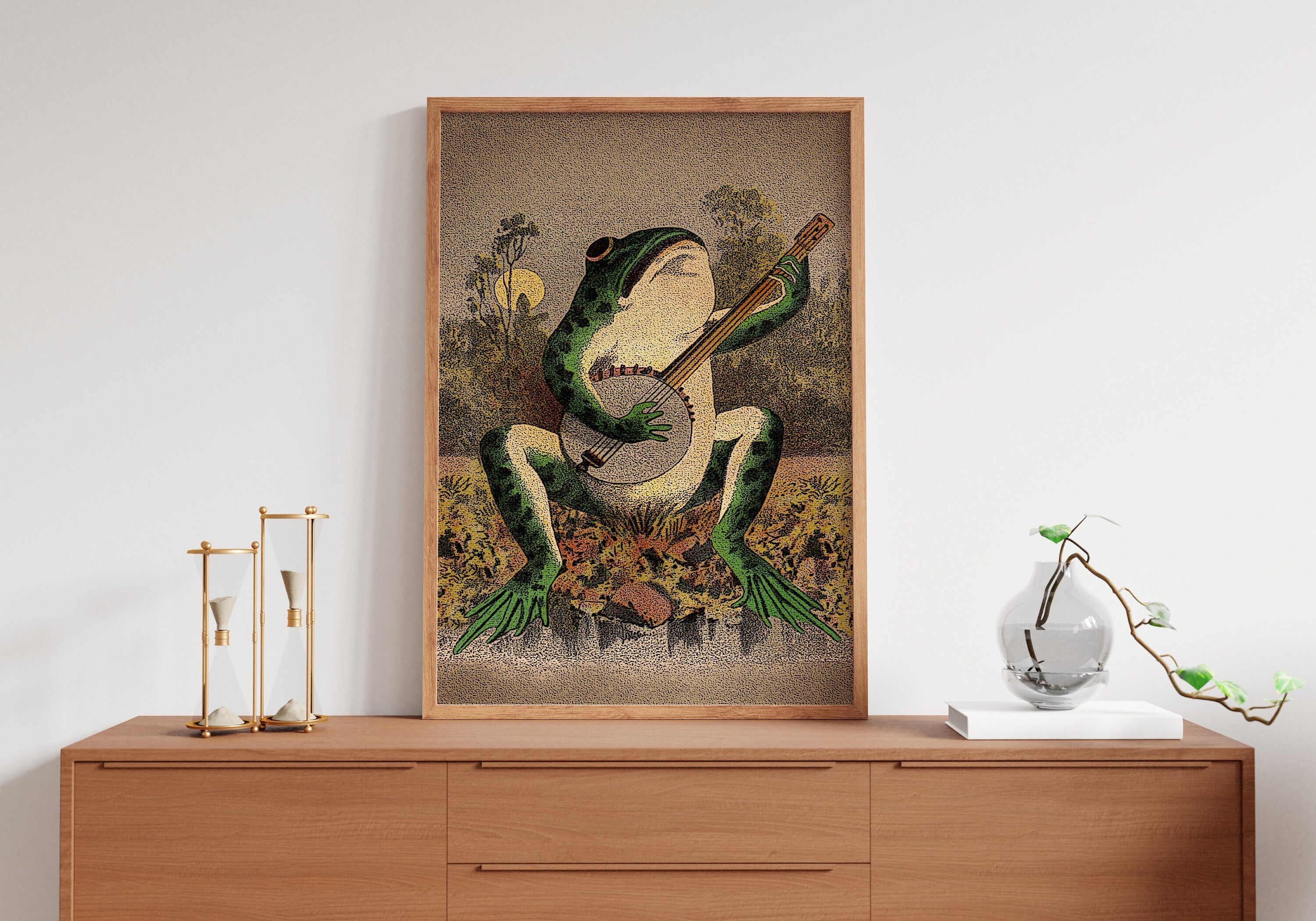 A Frog Playing Banjo in The Moonlight Vintage Poster