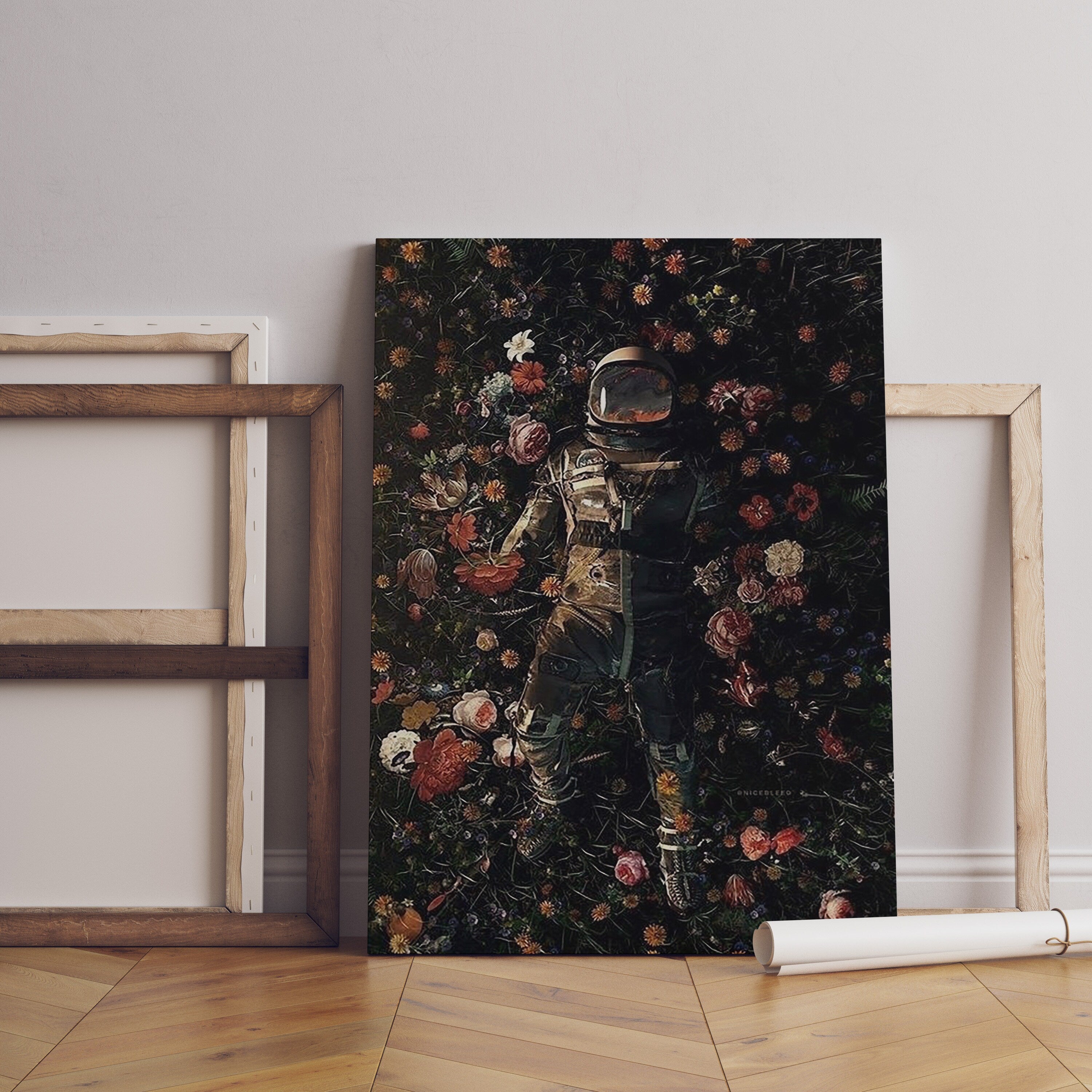 Astronaut In Flowers Love in Space Canvas Wall Art