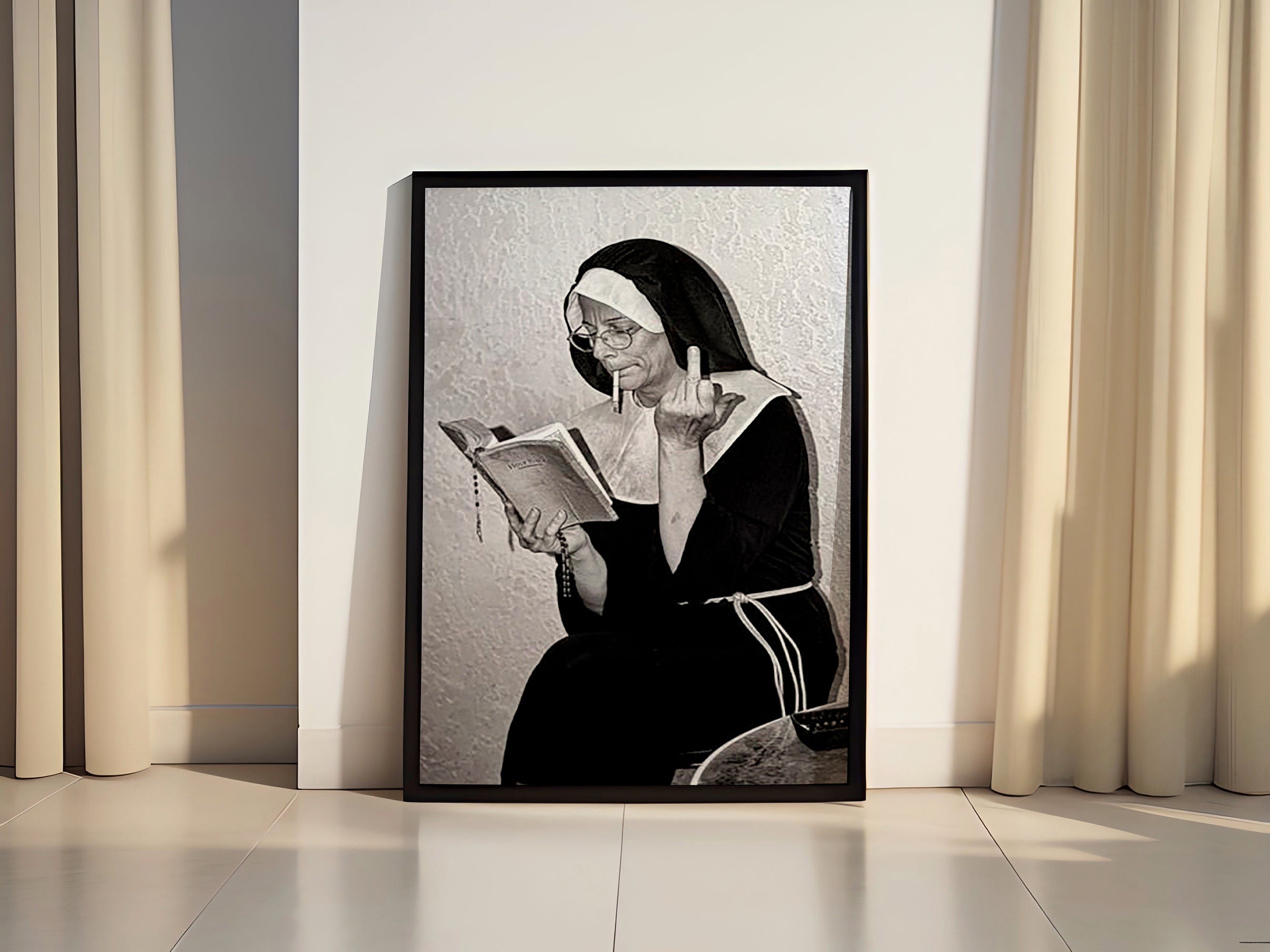 Smoking Nuns Middle Finger Vintage Canvas Art