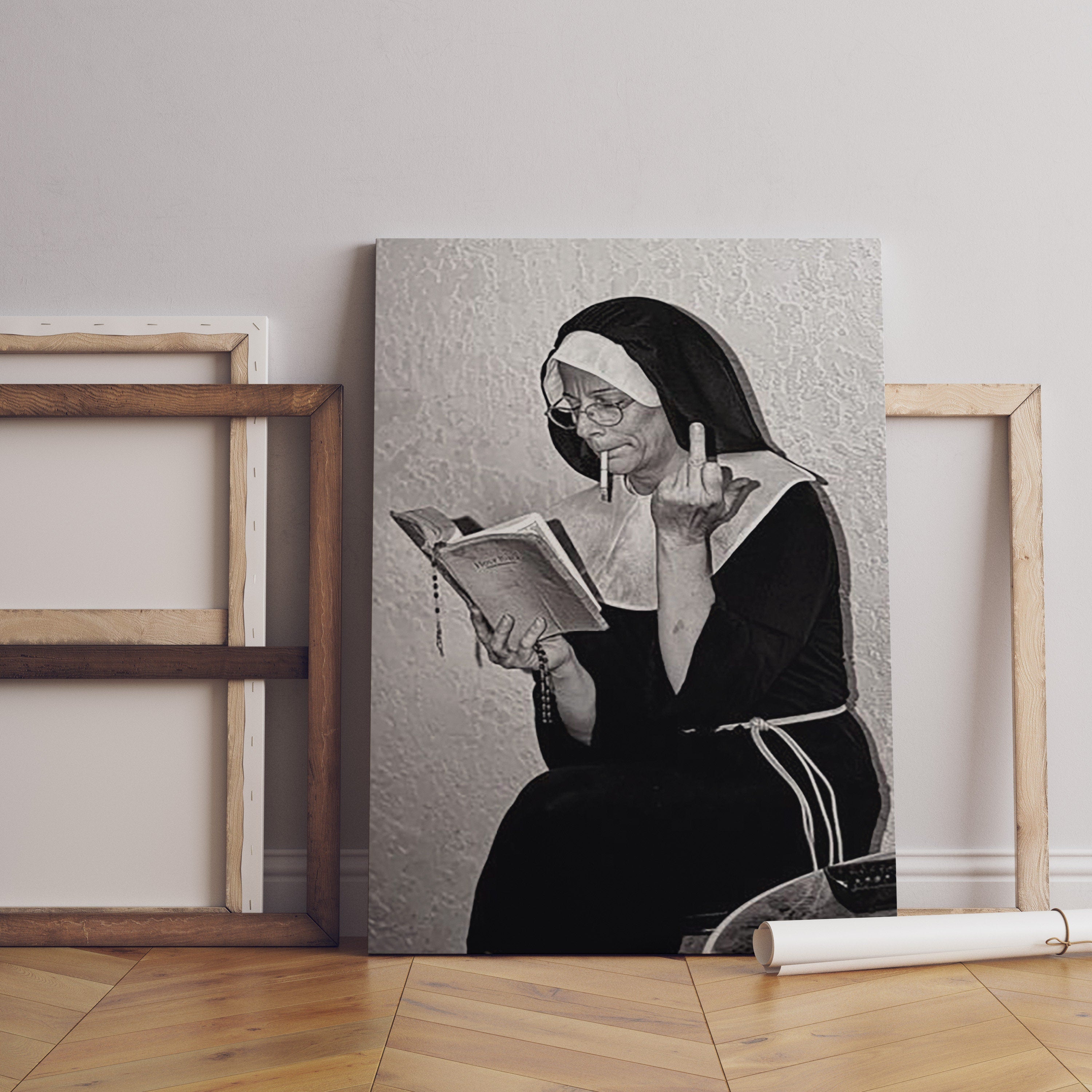 Smoking Nuns Middle Finger Vintage Canvas Art