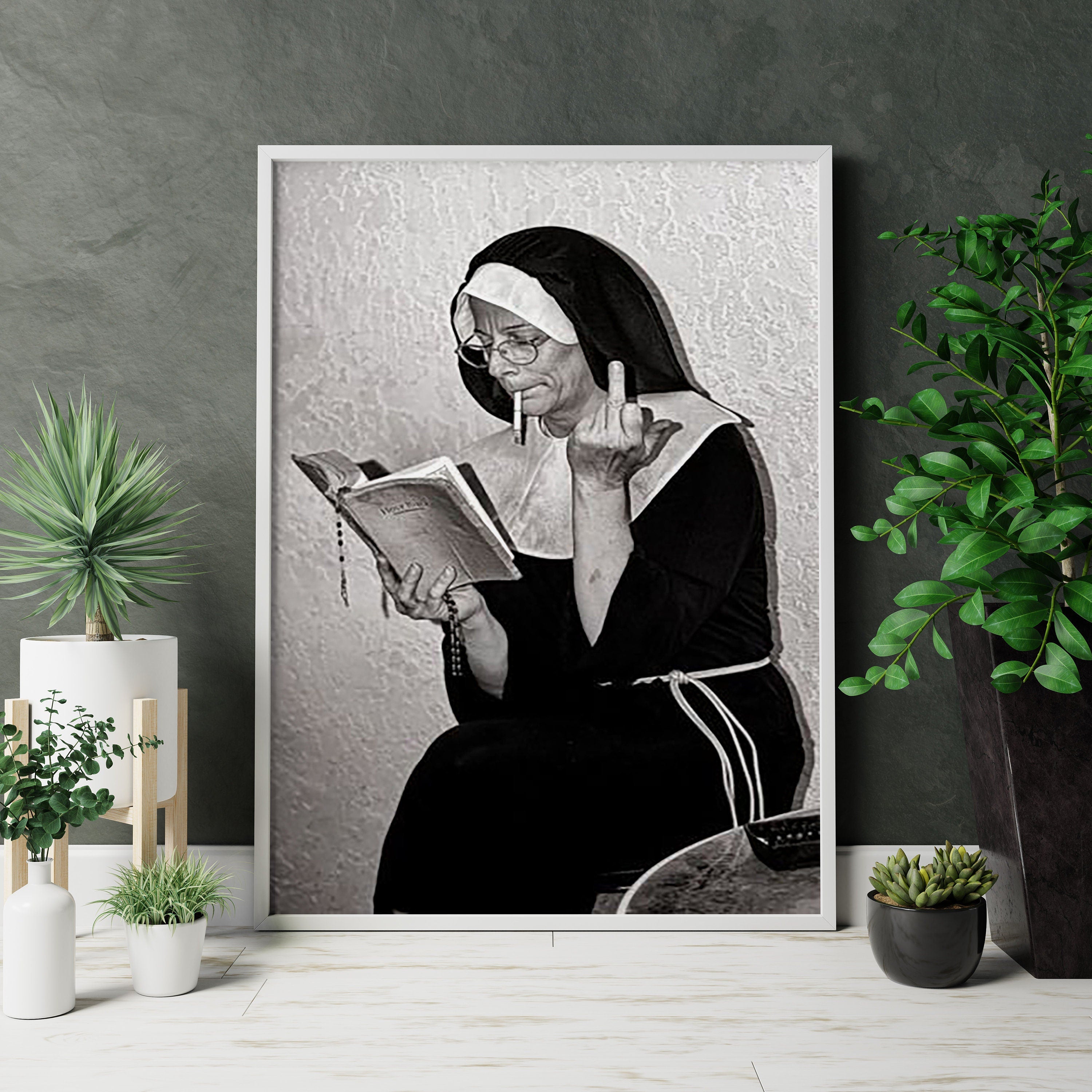 Smoking Nuns Middle Finger Vintage Canvas Art