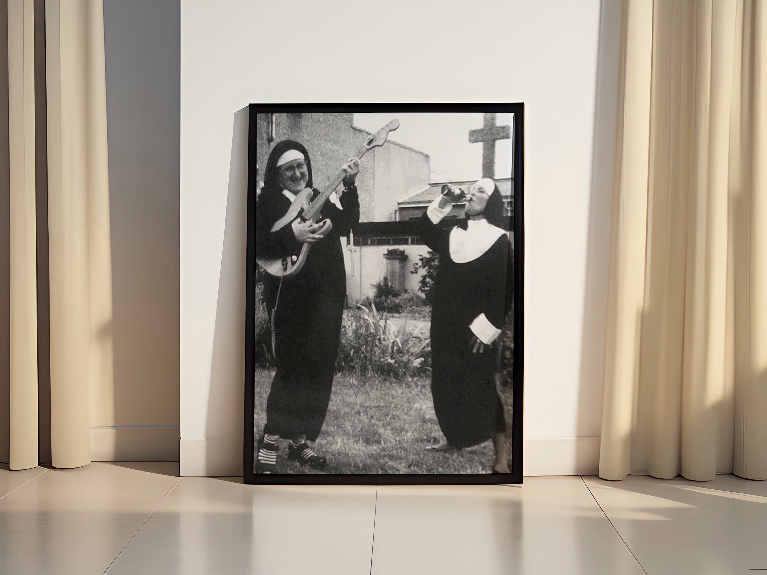 Smoking Nuns Middle Finger Vintage Canvas Poster