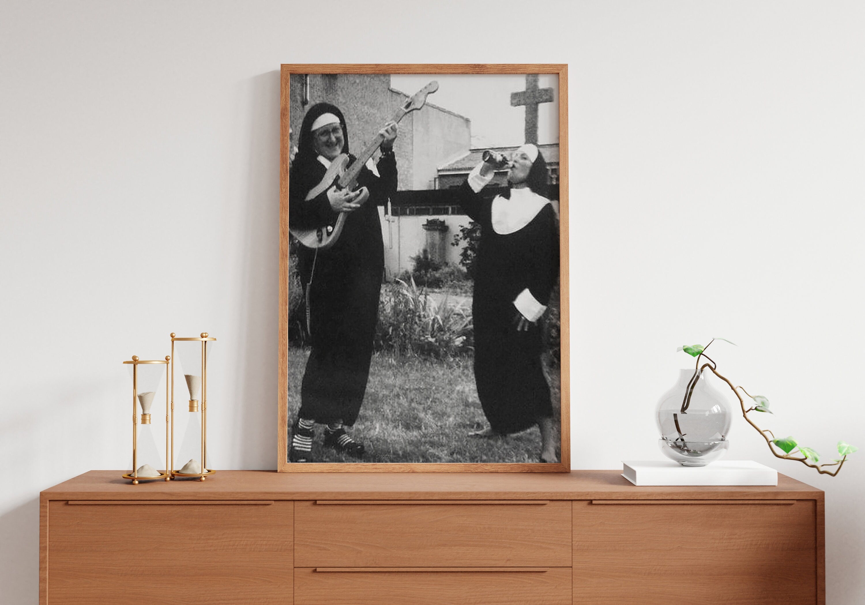 Smoking Nuns Middle Finger Vintage Canvas Poster