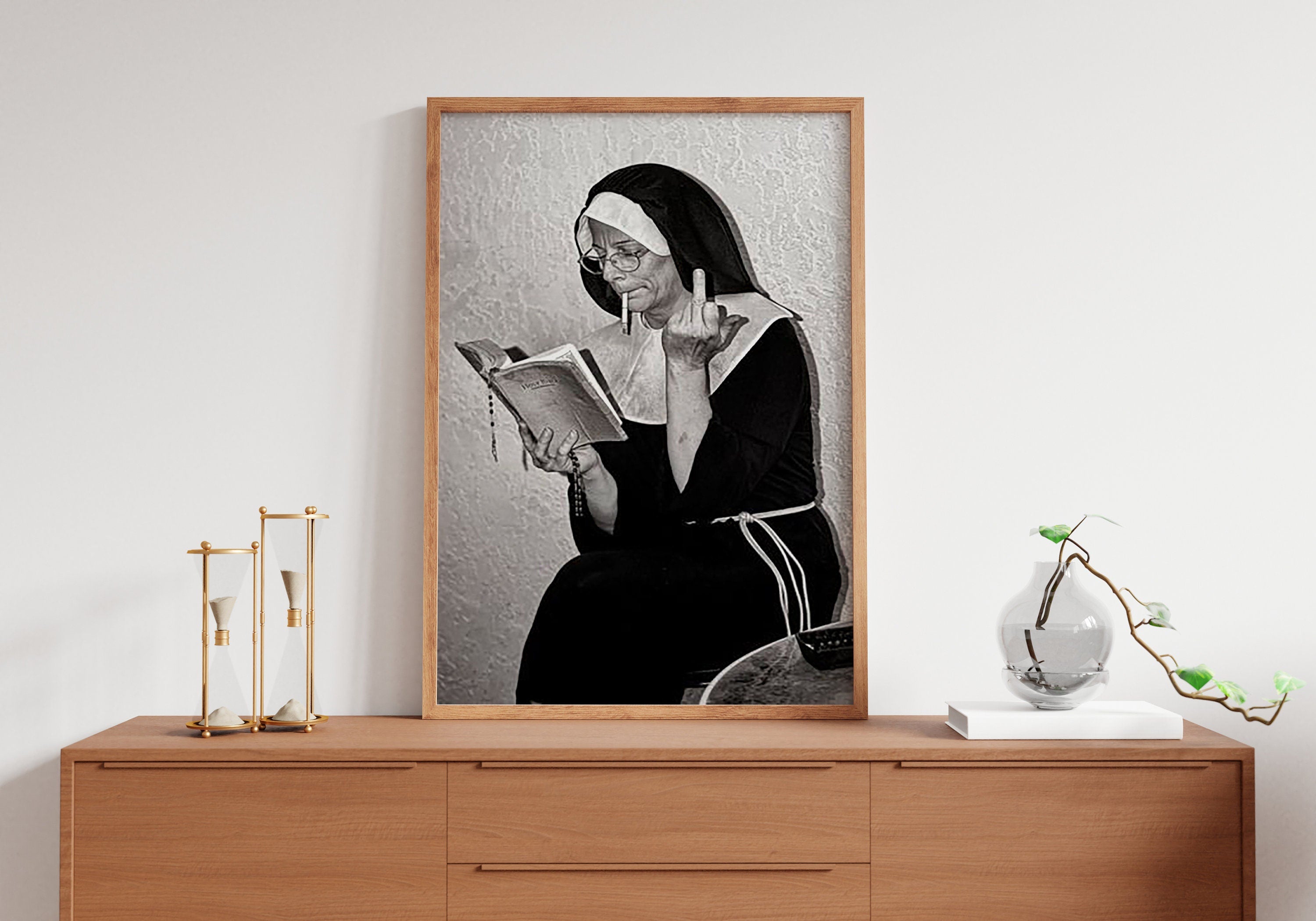 Smoking Nuns Middle Finger Vintage Canvas Art