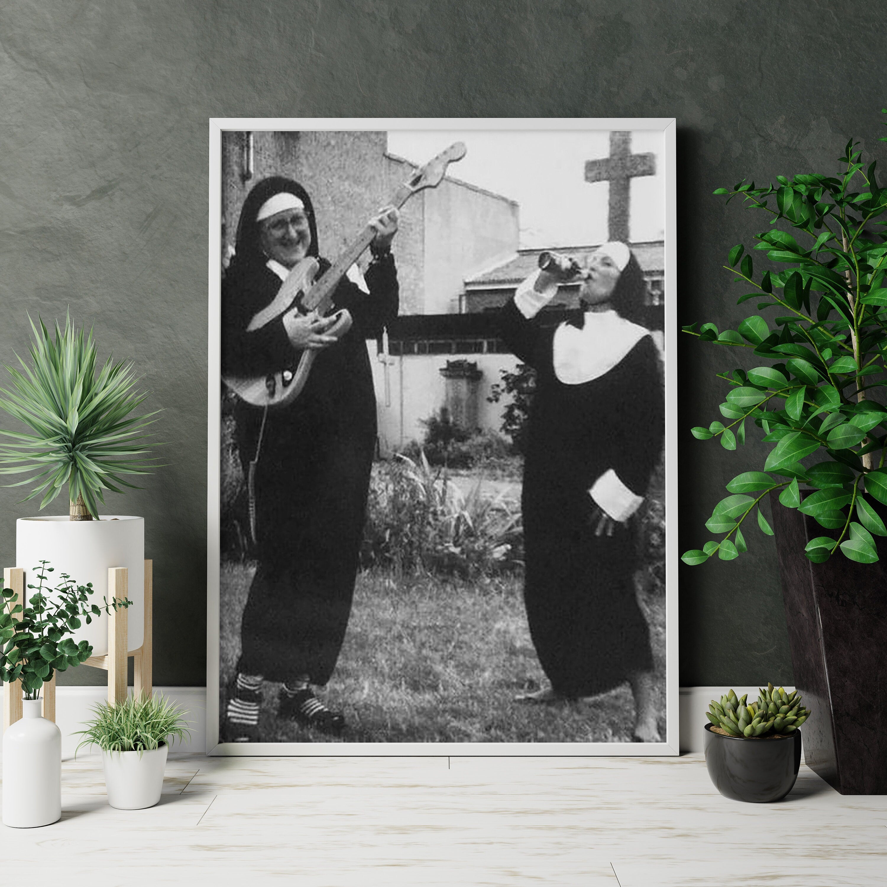 Smoking Nuns Middle Finger Vintage Canvas Poster