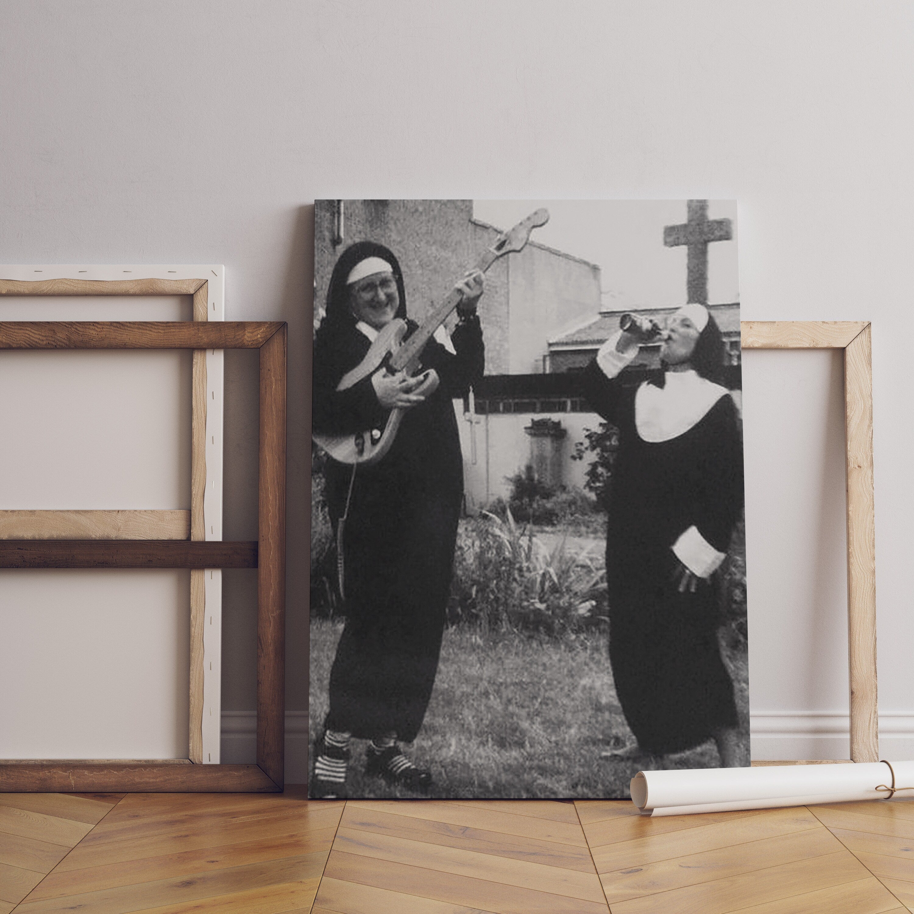 Smoking Nuns Middle Finger Vintage Canvas Poster