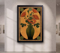Art Nouveau Floral Vase Print, Orange Olive Green Art