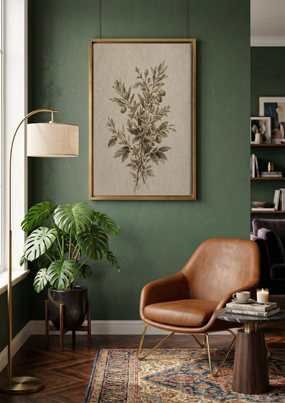 Botanical Olive Branch Art, Olive Green Mediterranean Canvas Print