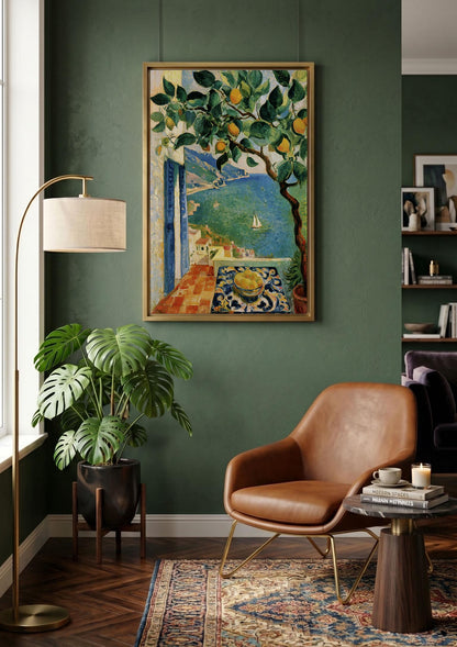 Amalfi Coast Lemon Tree Oil Painting, Vibrant Mediterranean Print