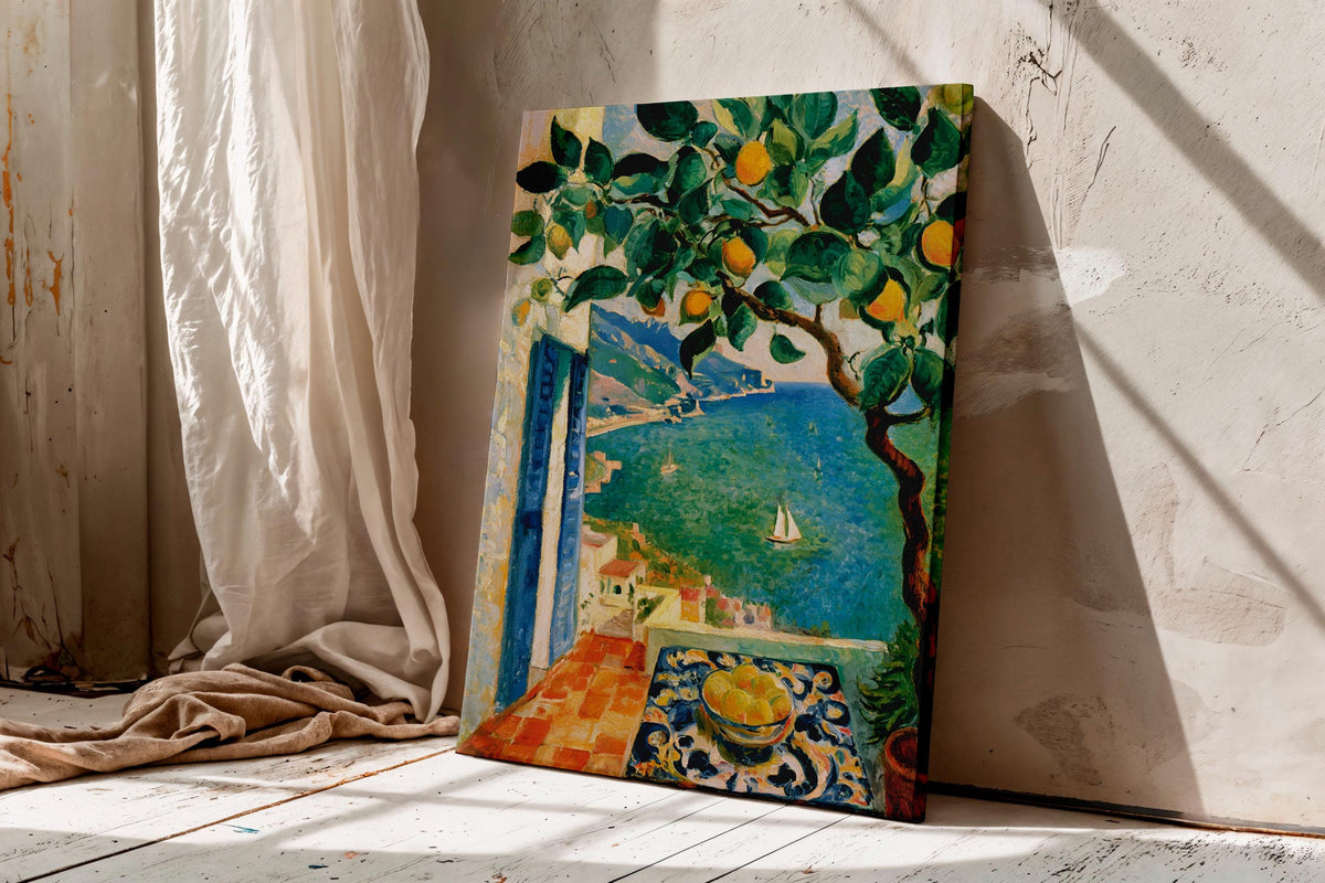 Amalfi Coast Lemon Tree Oil Painting, Vibrant Mediterranean Print