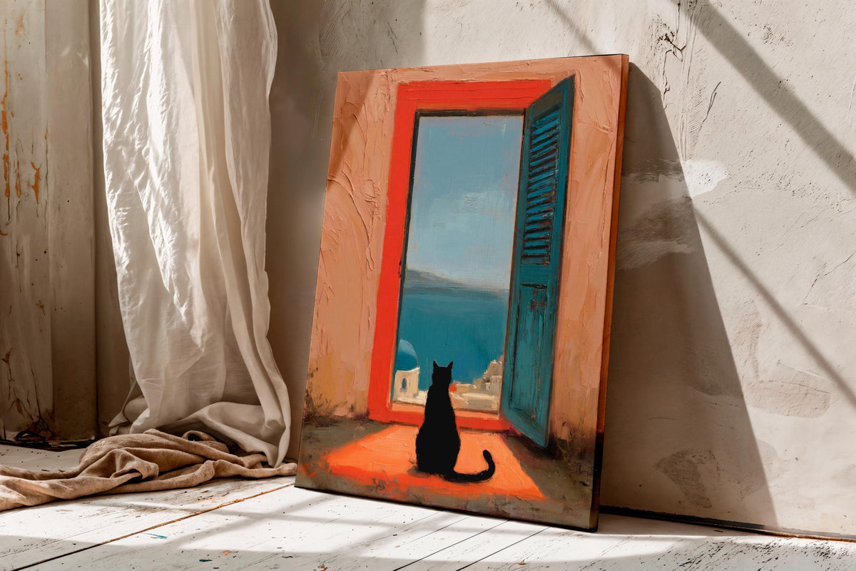 Black Cat Santorini Oil Painting, Mediterranean Sea View Canvas