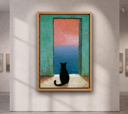 Black Cat Canvas Art, Mediterranean Sea View Painting