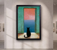 Black Cat Canvas Art, Mediterranean Sea View Painting