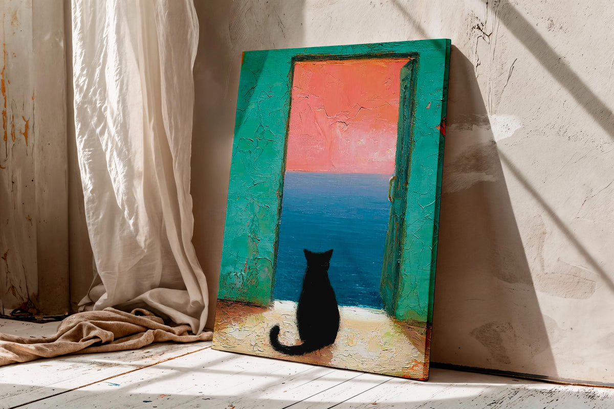 Black Cat Canvas Art, Mediterranean Sea View Painting