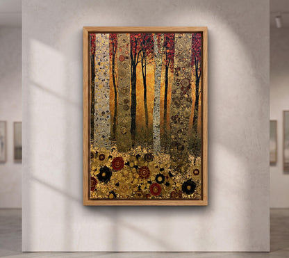 Gustav Klimt Style Forest Wall Art, Green Gold Mosaic Tree Canvas Painting