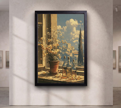 Mediterranean Window View Canvas Art, Italian Village Poster