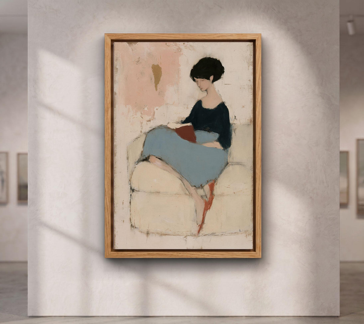 Minimalist Woman Reading Book Canvas Art, Abstract Woman on Sofa Painting