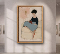 Minimalist Woman Reading Book Canvas Art, Abstract Woman on Sofa Painting